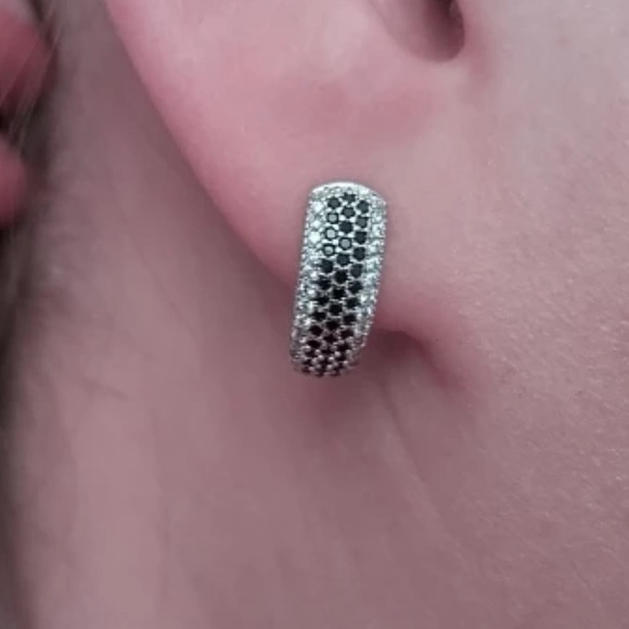 Sterling Silver Black Hoop Earring Simulated diamonds Black gothic Sparkly - Picture 9 of 15